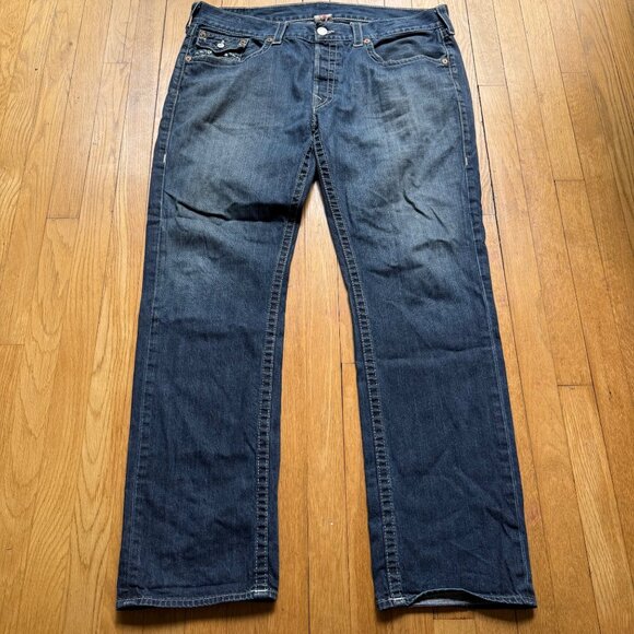 True Religion Size 40 Blue Dark Wash Denim Cotton Slim Fit Straight Leg Jeans - Picture 2 of 13